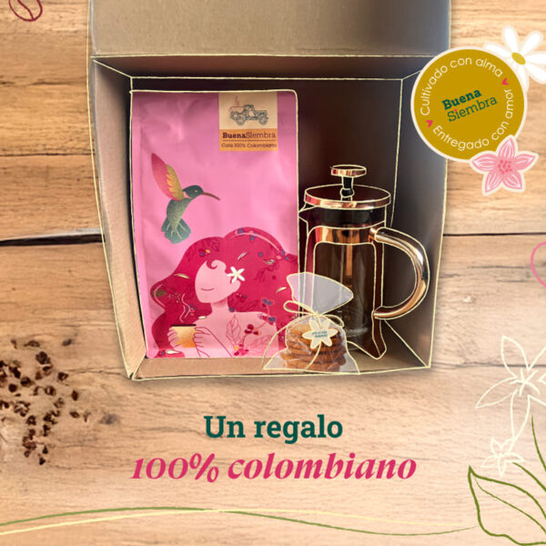 Caja de regalo para mamá, contiene café, prensa y galletas