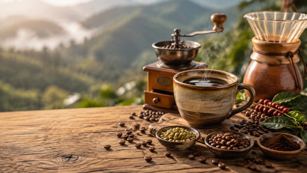 Café colombiano de calidad en grano, molido y preparado